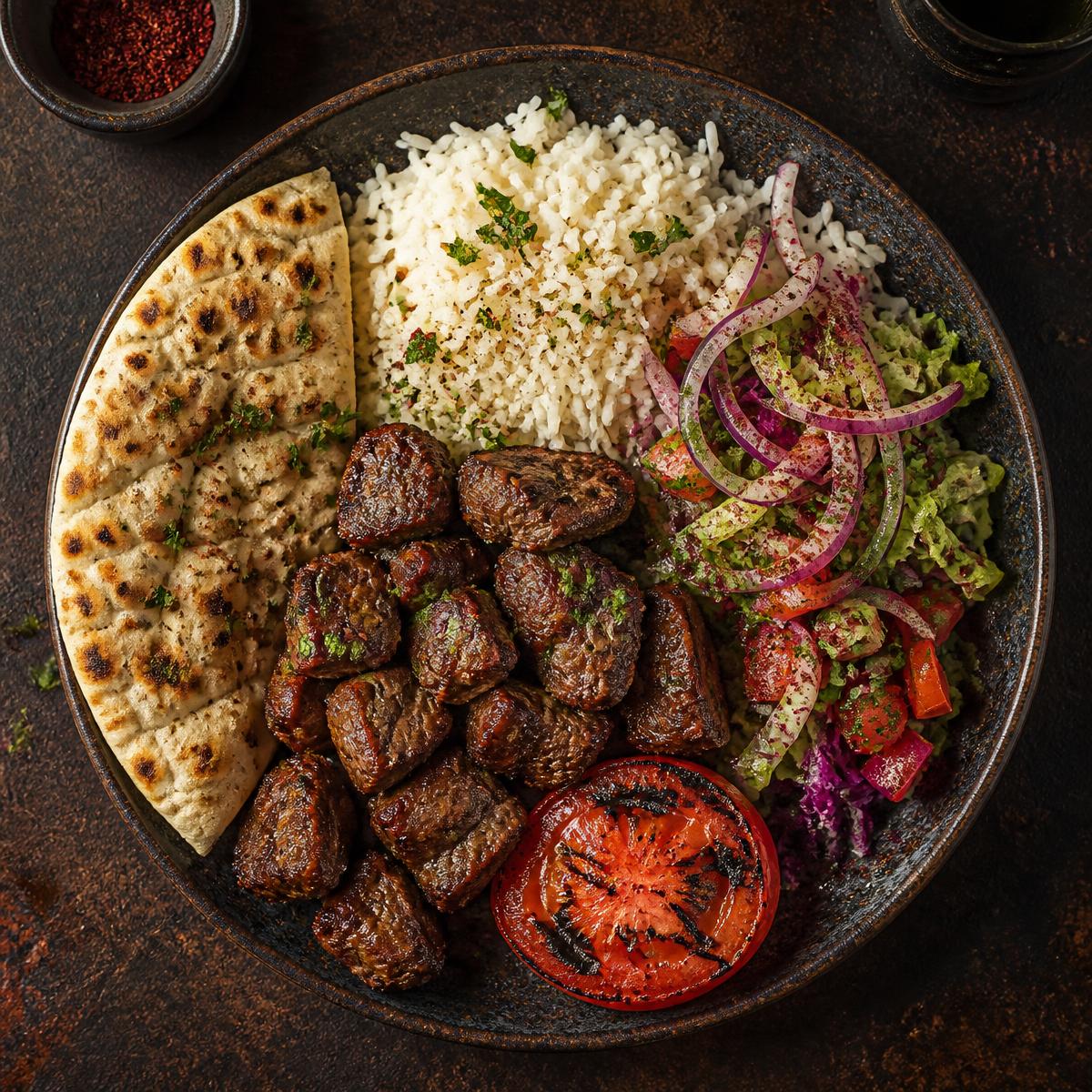 Kebabtallrik med ris, bröd och sallad
